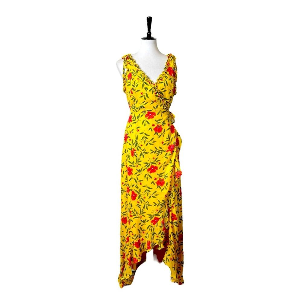 Lulus Wrap Dress Hi Low Maxi V-neck Yellow Multi Floral Women’s Size Medium M